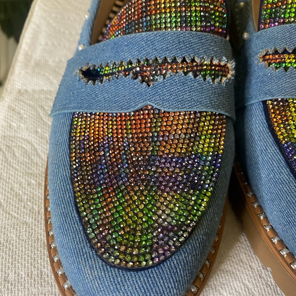 Betsy Johnson’s denim rhinestone, pearls, and studded loafers 9M - Picture 2 of 10